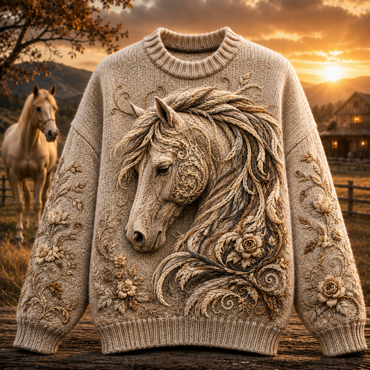 Horse Embroidered Cozy Knit Hoodie
