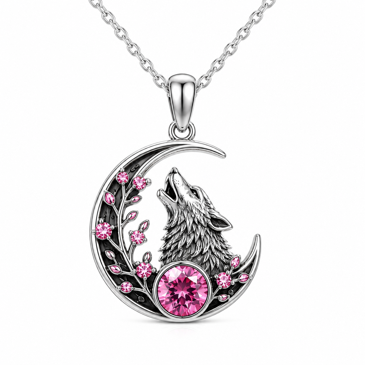 Pink Sapphire Sterling Silver Wolf Necklace