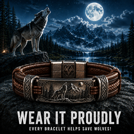 Save The Wolves Brown Leather Bracelet