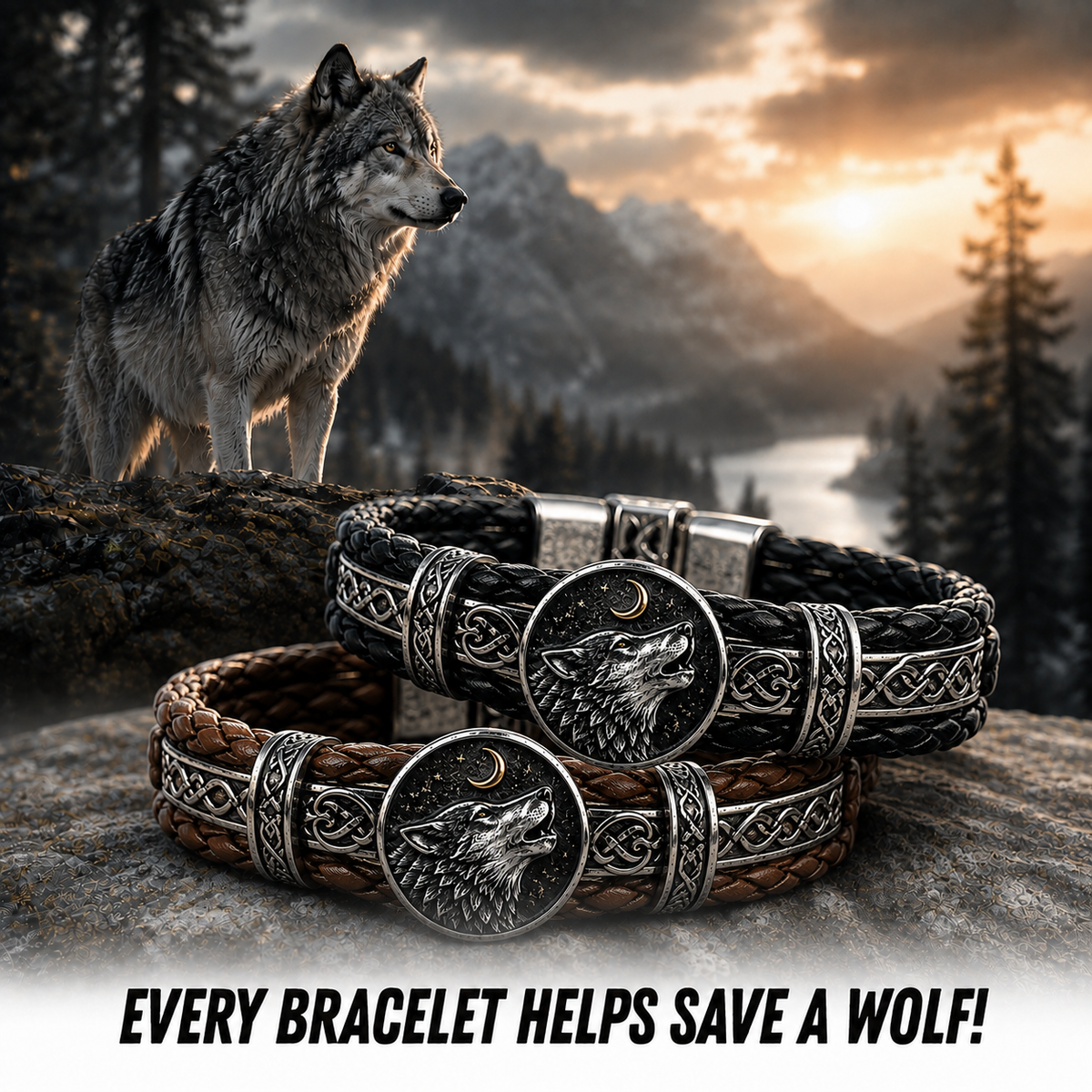 Wolf Mission Braided Leather Bracelet