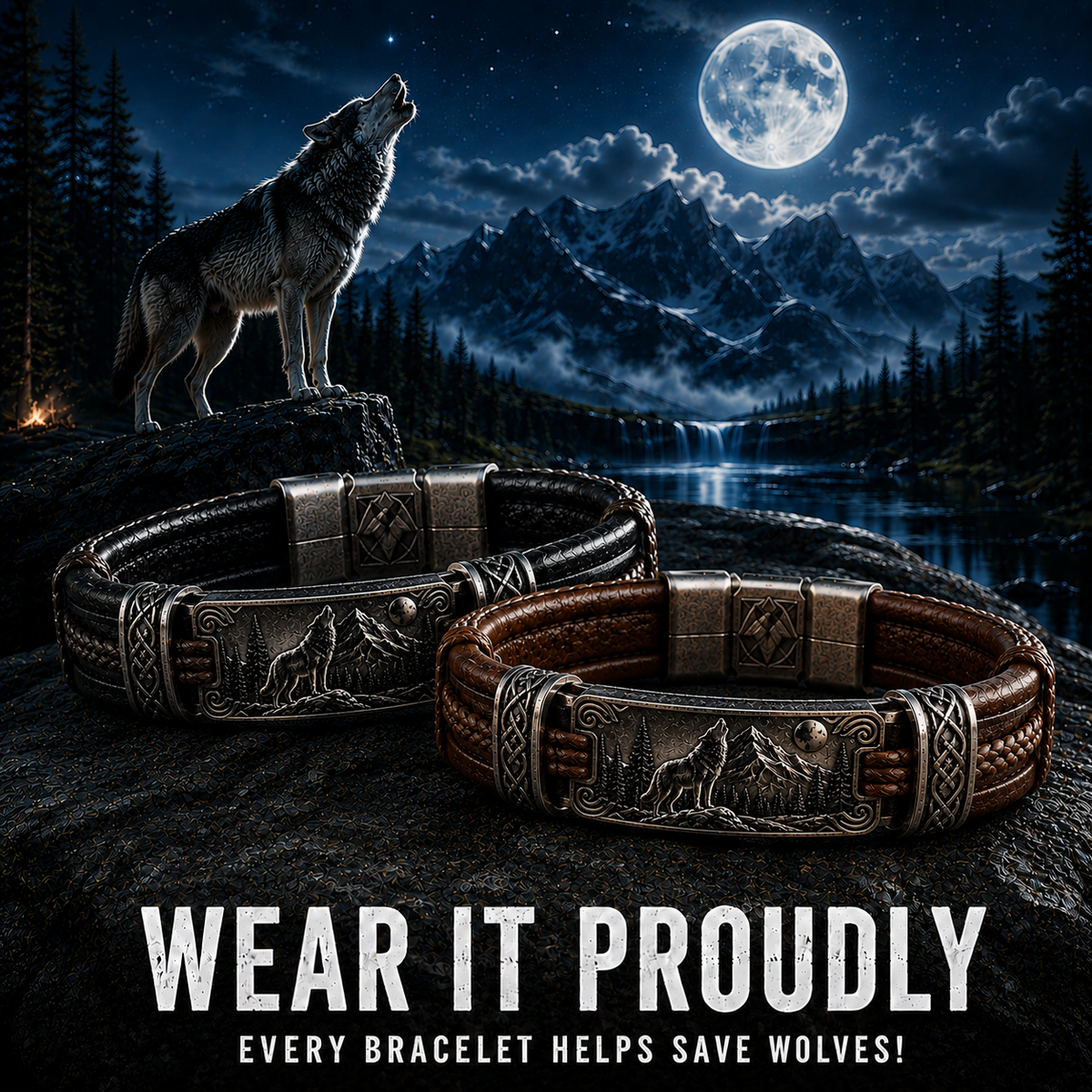 Save The Wolves Brown Leather Bracelet