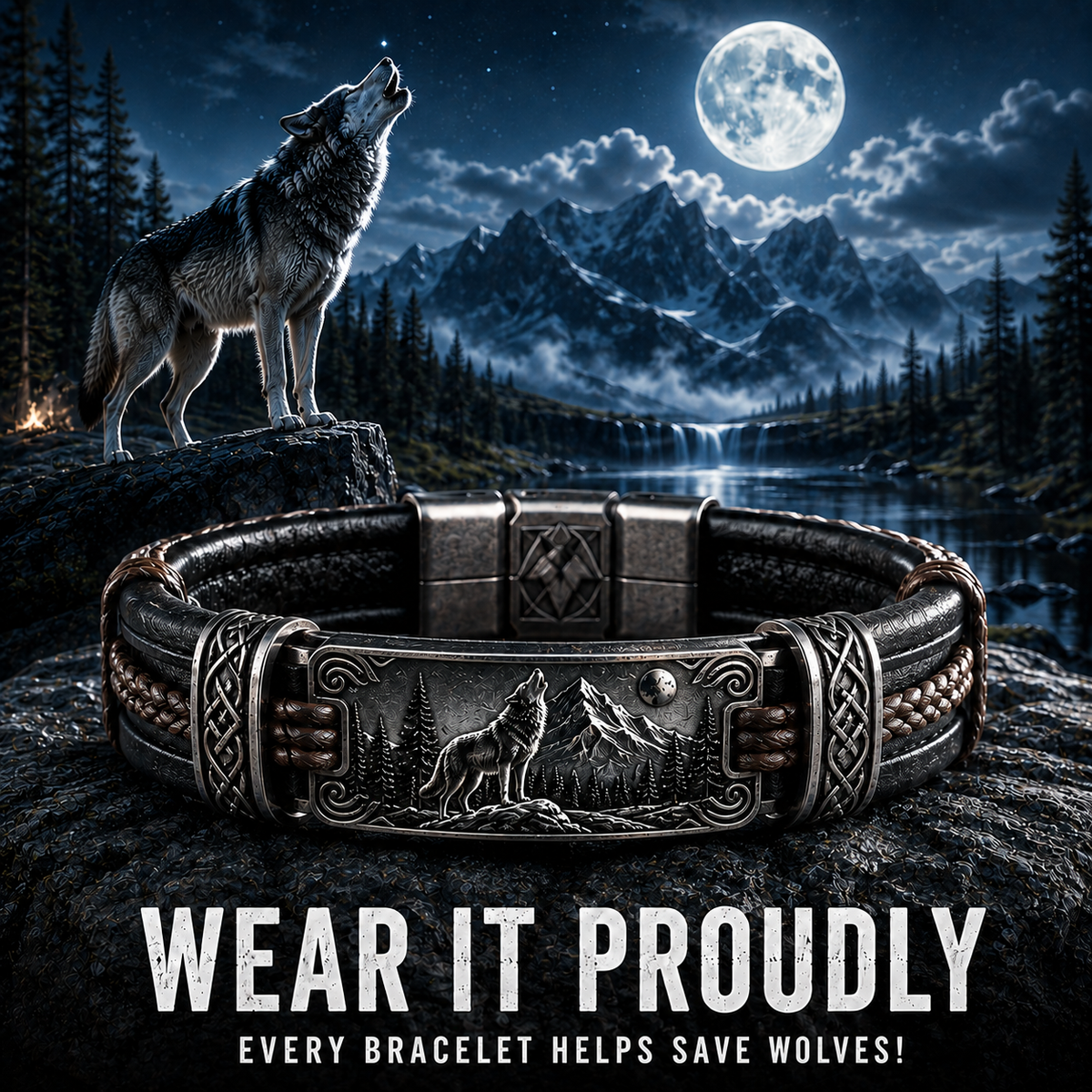 Save The Wolves Brown Leather Bracelet