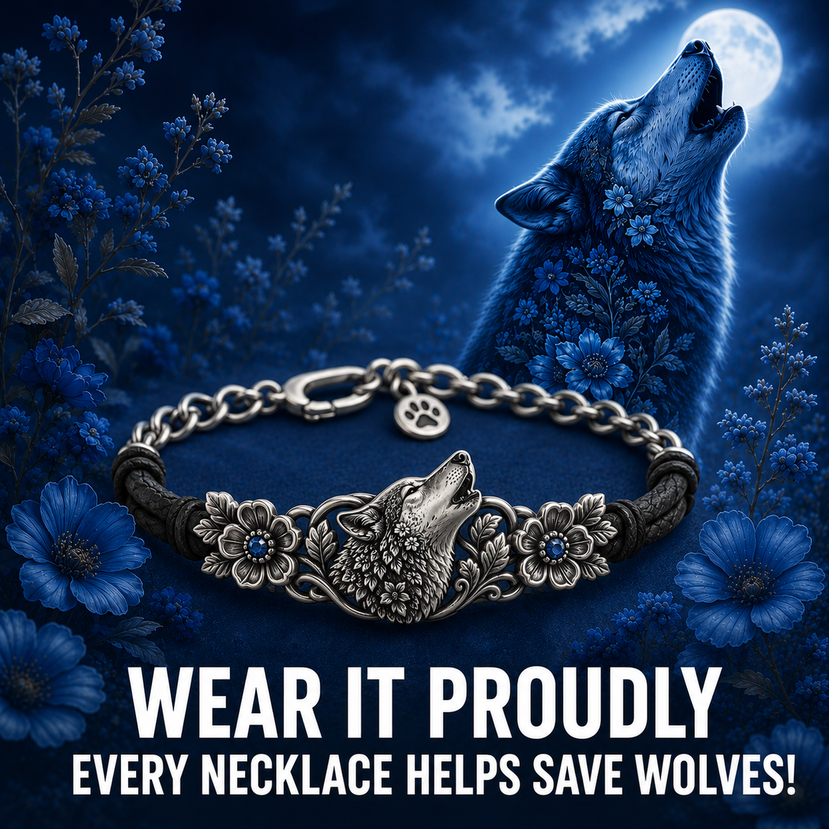 Save The Wolves 925 Sterling Silver Leather Bracelet