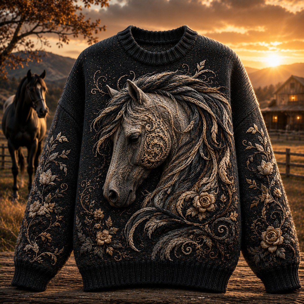 Horse Embroidered Cozy Knit Hoodie