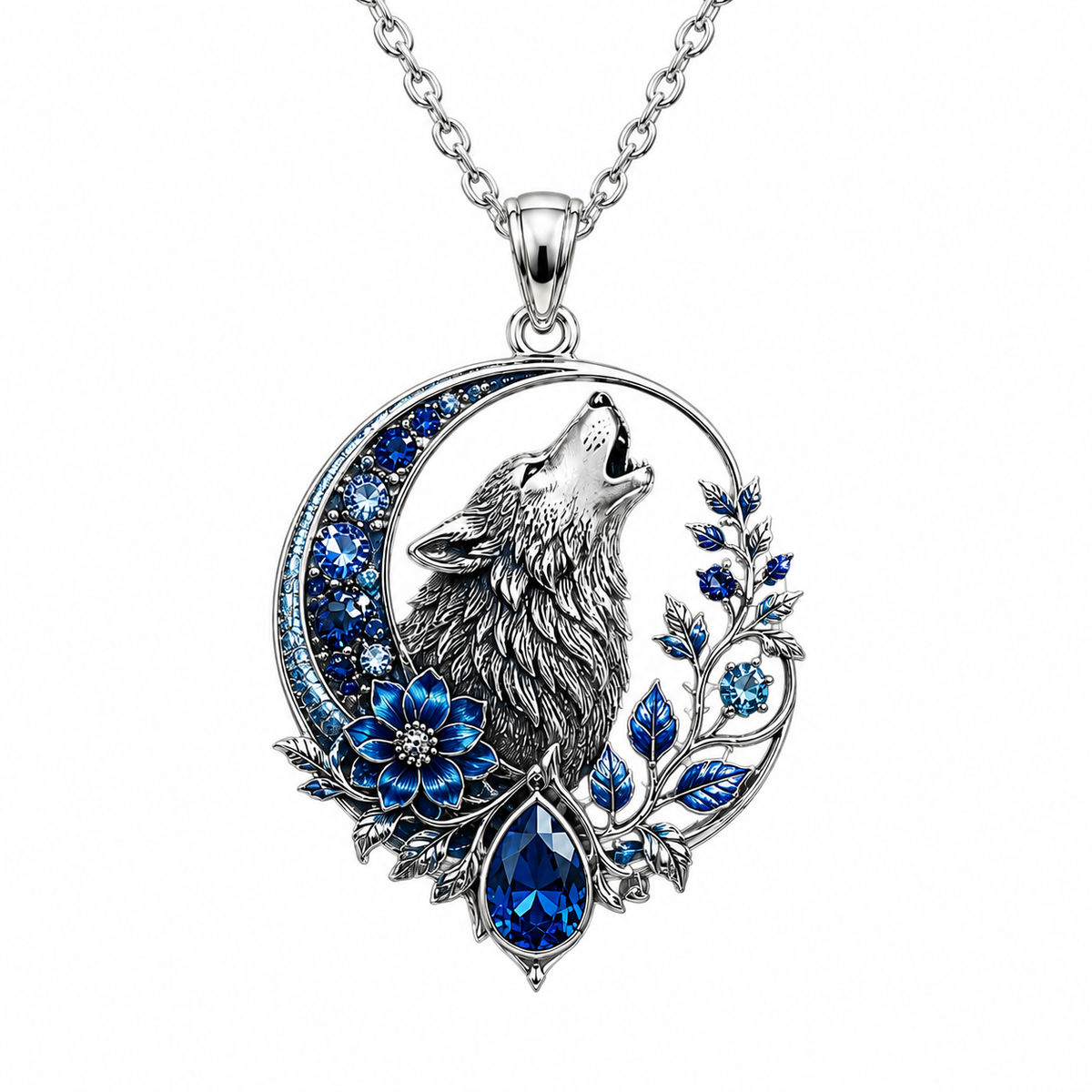 Sapphire Sterling Silver Wolf Necklace