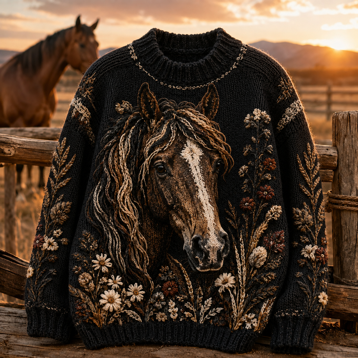 Horse Embroidered Knit Sweater