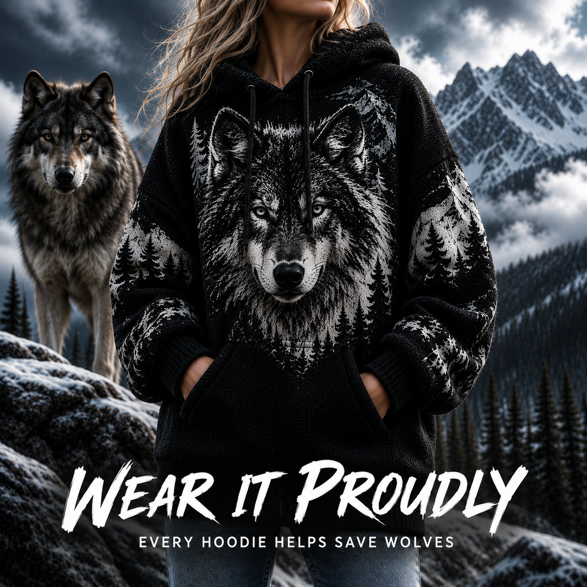 Wolf Oversized Cozy Knit Hoodie