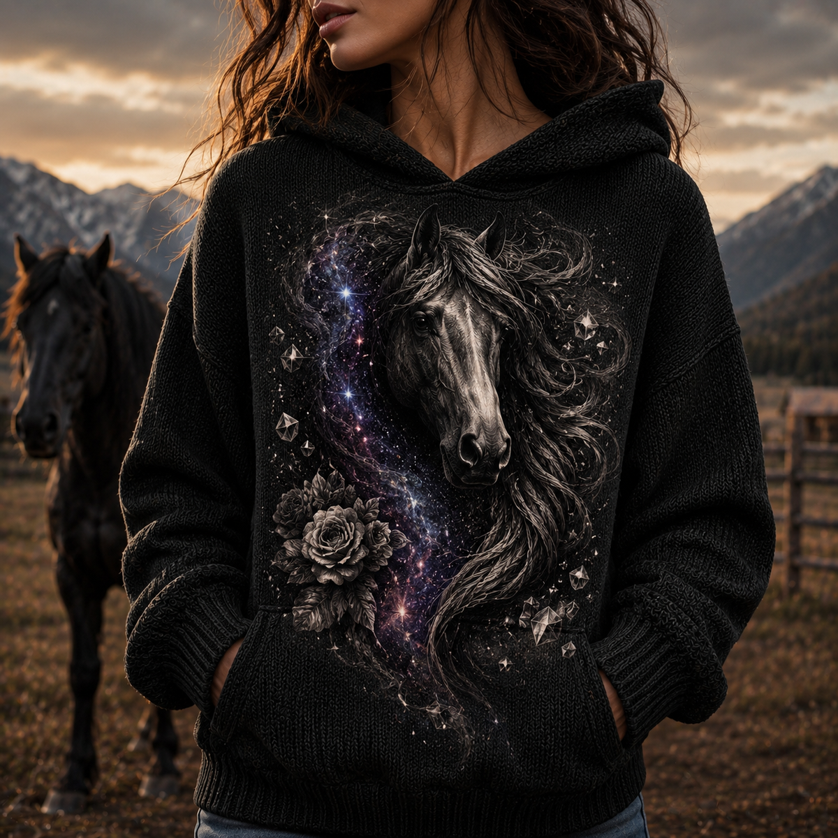 Horse Embroidered Knit Hoodie