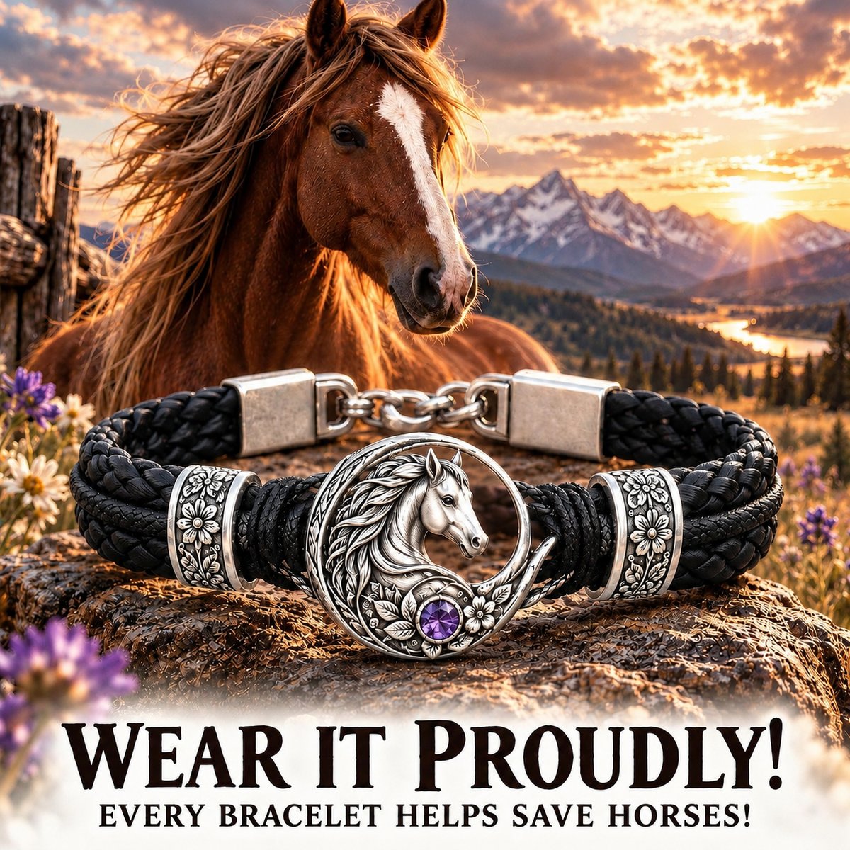 Horse Sterling Silver Leather Bracelet